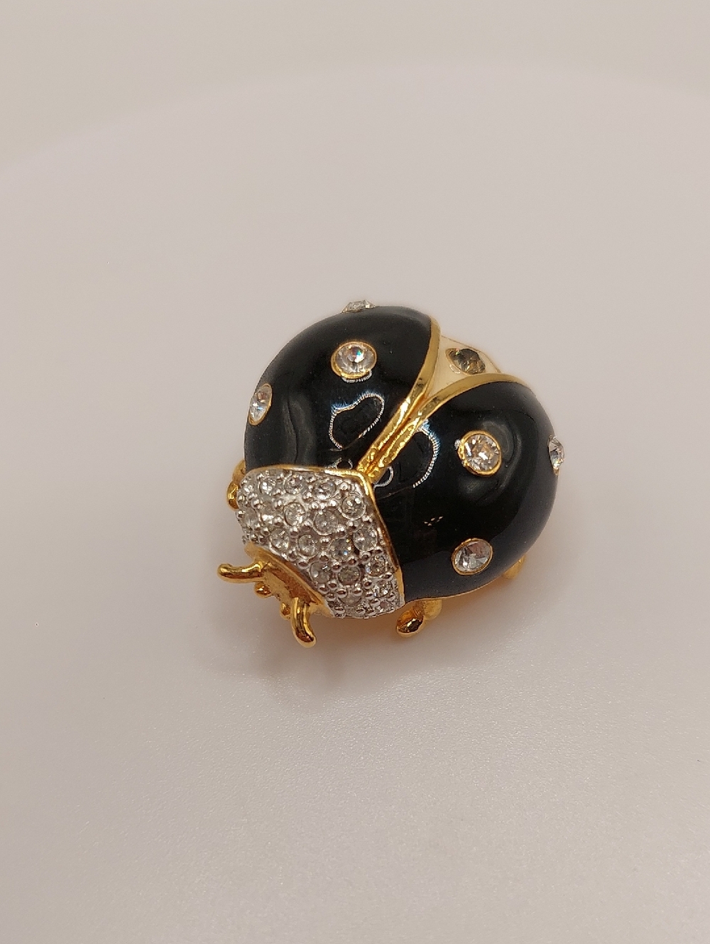 JOAN RIVERS Gold-Tone Black Enamel Pave Rhinestones Ladybug Vintage Brooch Pin